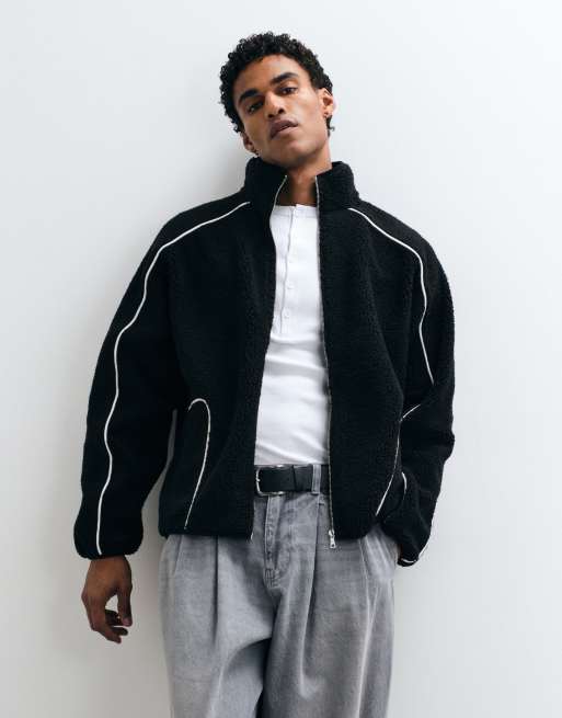 ASOS DESIGN Oversized borg fleece med gennemgående lynlås og piping i sort, 1 af 5