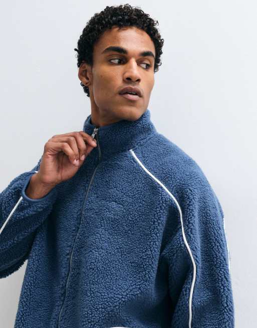 ASOS DESIGN oversized borg-fleece med lynlås og piping i blå, 5 af 5