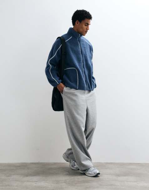 ASOS DESIGN oversized borg fleece zip through with piping in blue - view 1