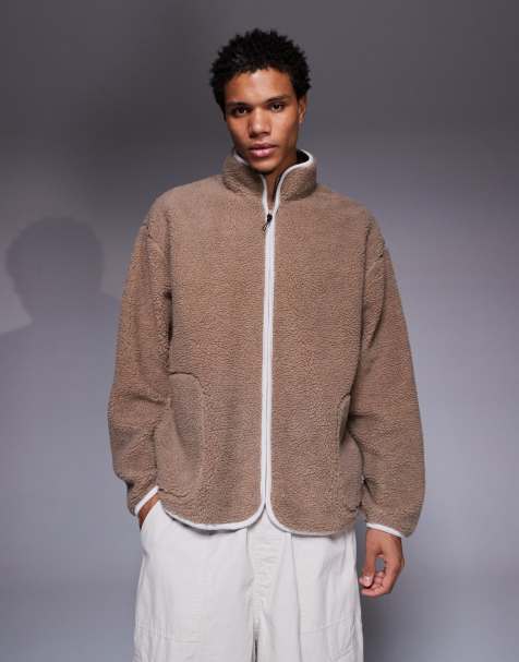 ASOS DESIGN oversized borg funnel neck zip through in beige - view 1
