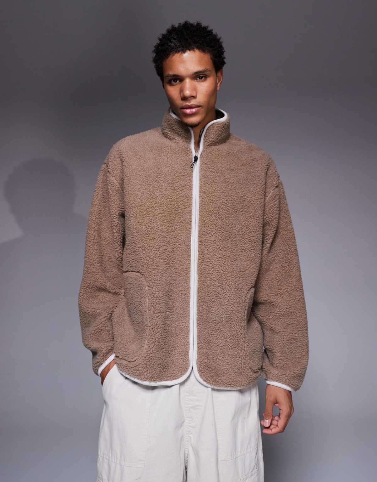 ASOS DESIGN oversized borg funnel neck zip through in beige