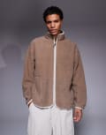 [ASOS DESIGN] ASOS DESIGN oversized borg funnel neck zip through sweat in beige-Neutral XS Greige