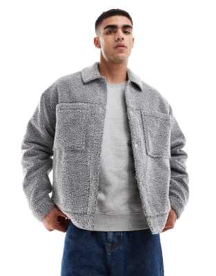 Asos Design Oversized Borg Harrington Jacket In Gray