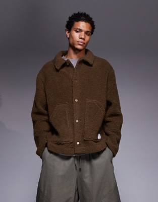 Asos Design Oversized Borg Harrington Jacket In Brown