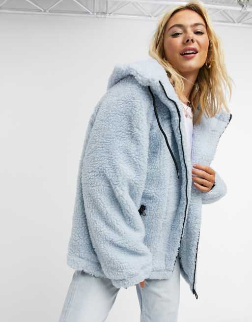 ASOS DESIGN oversized borg hero bomber jacket in baby blue | ASOS