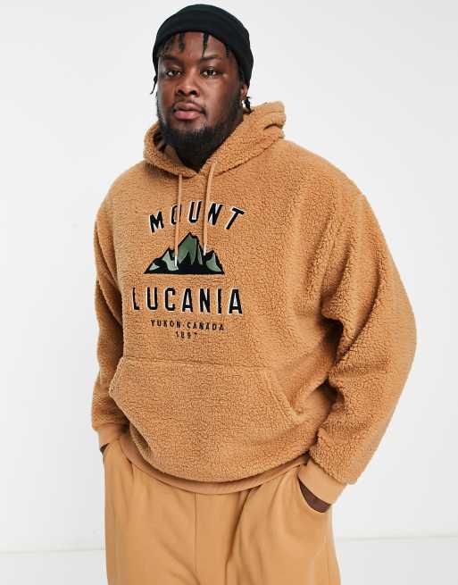 ASOS DESIGN oversized borg hoodie in brown with mountain