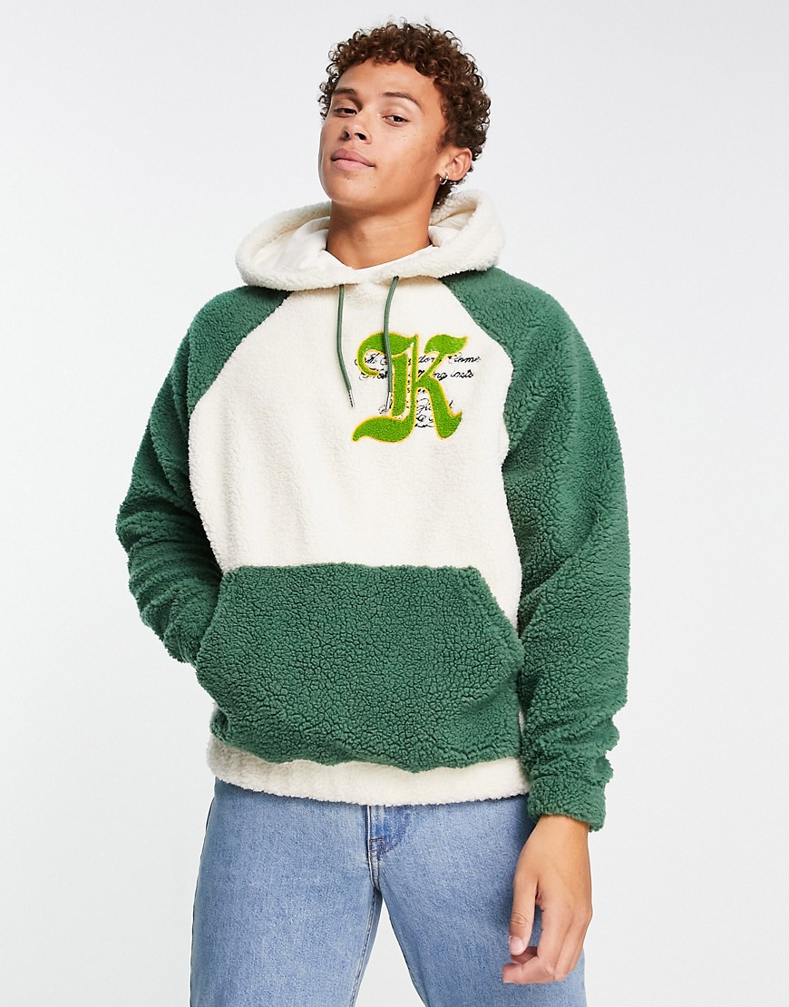 ASOS DESIGN oversized borg hoodie in green color block with varsity badge-Gray