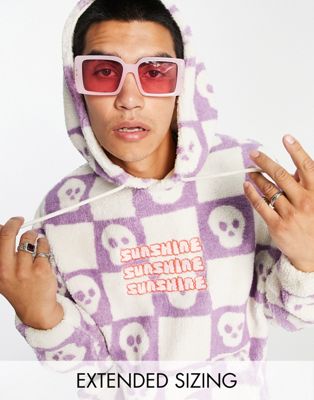 ASOS DESIGN oversized borg hoodie in pink & ecru checkerboard with text embroidery