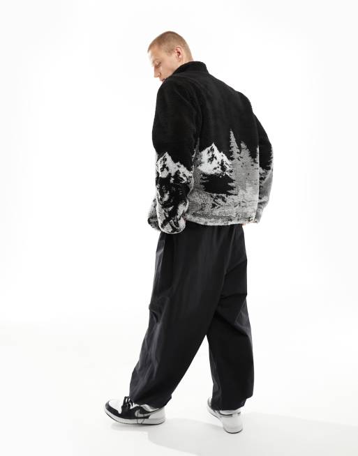 ASOS DESIGN oversized borg jacket with scenic print in black