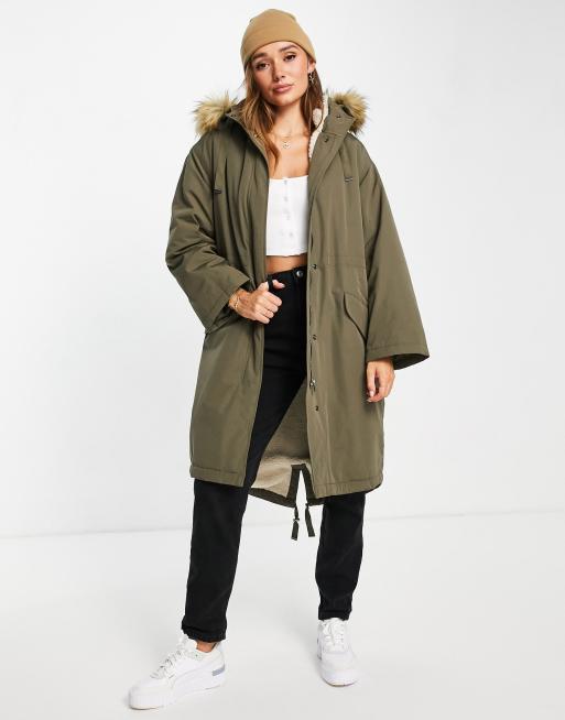 ASOS DESIGN oversized borg lined parka coat in dark khaki ASOS