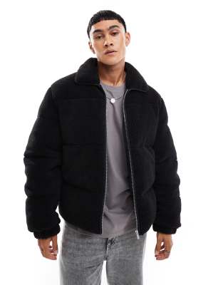 Asos Design Oversized Borg Puffer Jacket In Black