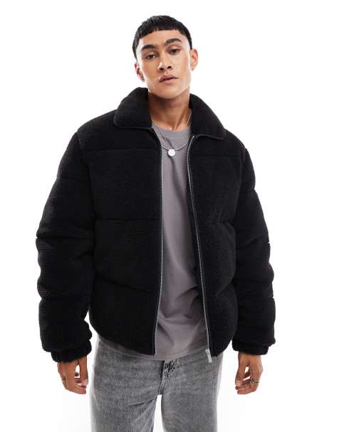ASOS DESIGN oversized borg puffer jacket in black - view 1