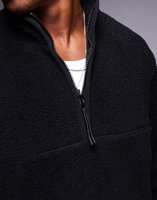 ASOS DESIGN oversized borg quarter zip sweatshirt in black