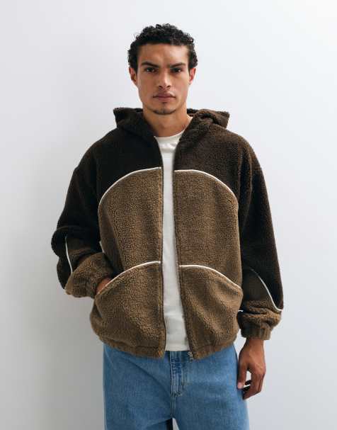 ASOS DESIGN oversized borg zip through hoodie with cut and sew panels with piping in brown - view 1