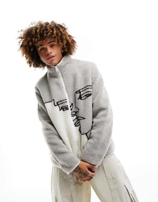 ASOS DESIGN - Oversized borgjack met print van gezicht in wit en grijs