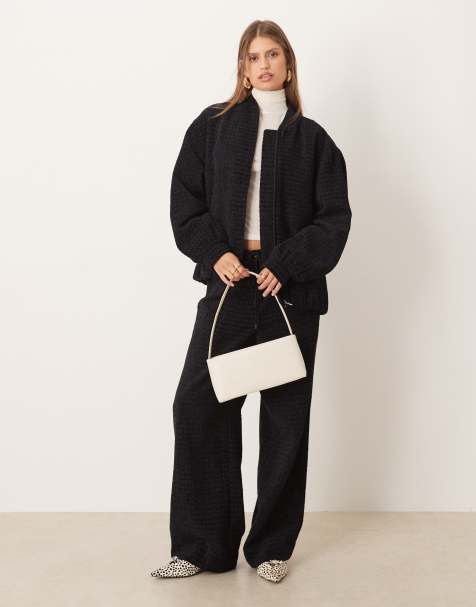 ASOS DESIGN oversized bouclé bomber jacket and wide leg pants set in black - view 1