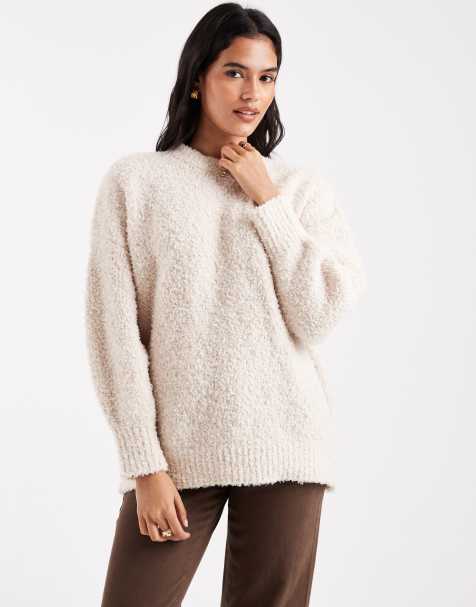 ASOS DESIGN oversized boucle jumper with curved hem in oatmeal - view 1