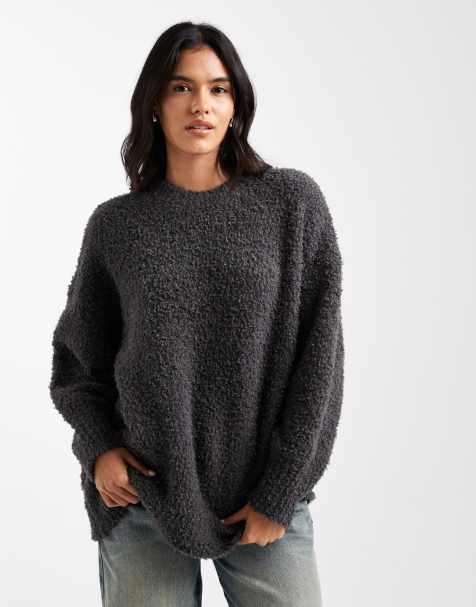 ASOS DESIGN oversized boucle sweater with curved hem in charcoal - view 1
