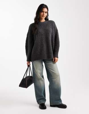 Asos Design Oversized Boucle Sweater With Curved Hem In Gray