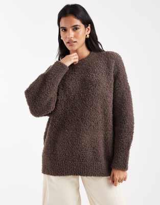 Asos Design Oversized Boucle Sweater With Curved Hem In Brown