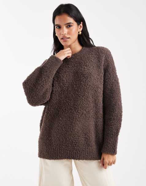 ASOS DESIGN oversized boucle sweater with curved hem in chocolate - view 1
