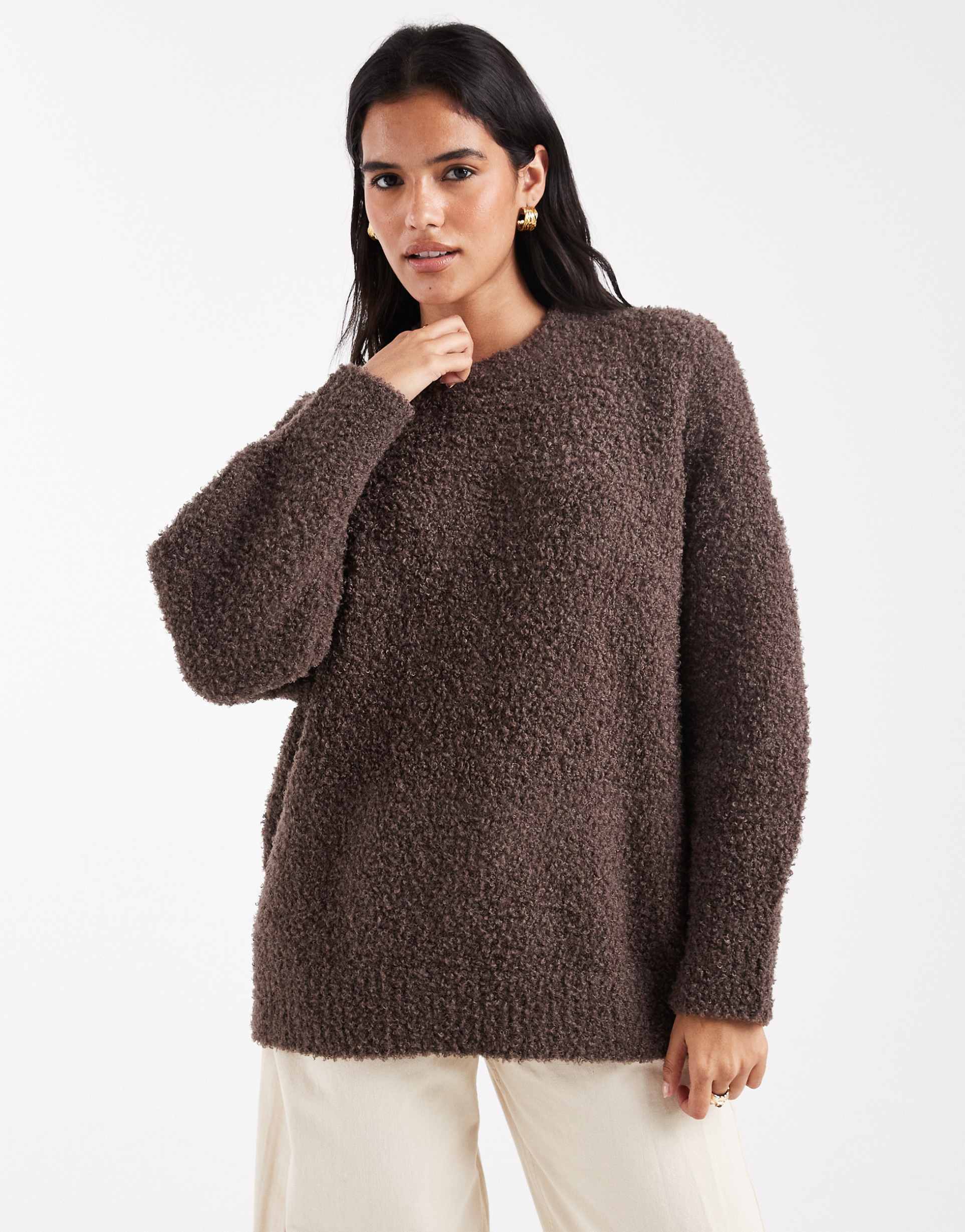 asos design oversized boucle sweater with curved hem in chocolate