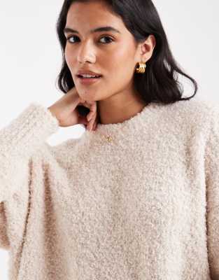 Asos Design Oversized Boucle Sweater With Curved Hem In Neutral