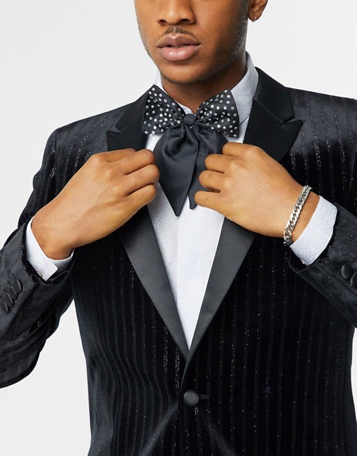 ASOS DESIGN oversized satin bow tie in black with diamante