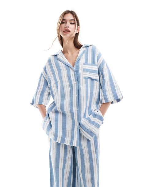 ASOS DESIGN oversized bowling shirt in pajama stripe - view 1