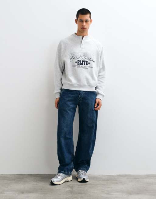 ASOS DESIGN oversized boxig henley med pigmenttryck och vävd flikdetalj i grått, 4 av 5