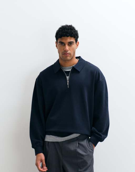 ASOS DESIGN oversized boxig pikétröja med kvartslång dragkedja i marinblått, 3 av 5