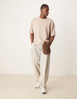 Asos Design Oversized Boxy 240gsm Heavweight T-shirt With Applique Chest Print In Neutral