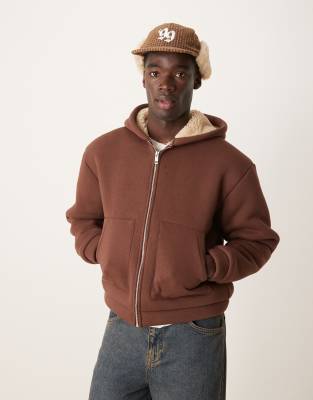 oversized boxy borg lined hoodie in brown