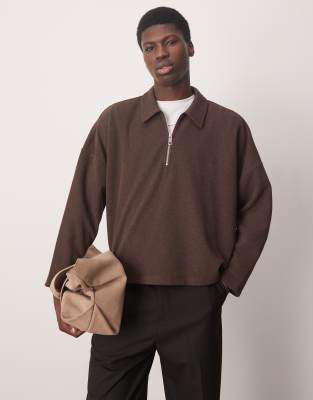 oversized boxy brushed rib polo in brown