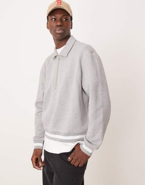 ASOS DESIGN oversized boxy collar sweatshirt with rib detail in grey marl - view 1