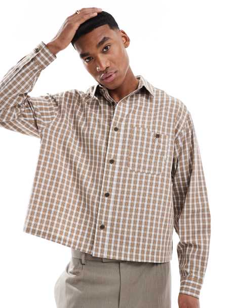 ASOS DESIGN oversized boxy crop shirt in brown check - view 1