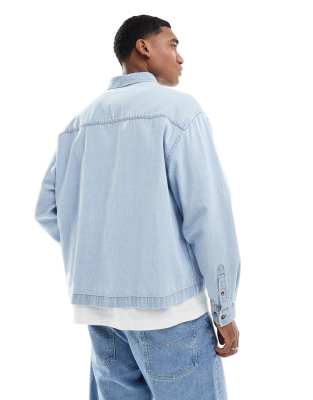 Asos Design Oversized Boxy Cropped Denim Shirt In Blue