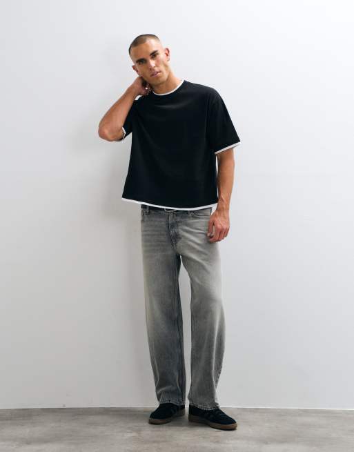 ASOS DESIGN oversized boxy double layer t-shirt in black, 2 of 5