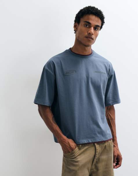 ASOS DESIGN oversized boxy double layer t-shirt with high build graphic in navy and burgundy - view 1