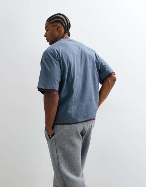 ASOS DESIGN oversized boxy double layer t shirt with high build graphic in navy and burgundy, 3 of 5