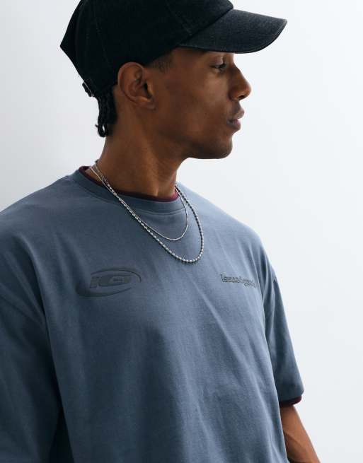 ASOS DESIGN oversized boxy double layer t shirt with high build graphic in navy and burgundy, 4 of 5