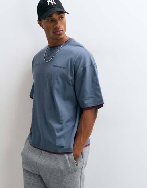ASOS DESIGN oversized boxy double layer t shirt with high build graphic in navy and burgundy, 5 of 5