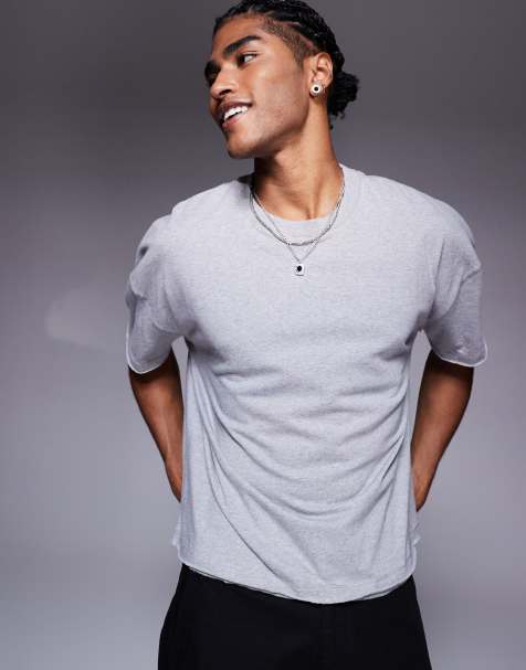 ASOS DESIGN oversized boxy drop shoulder raw hem T-shirt in gray heather - view 1