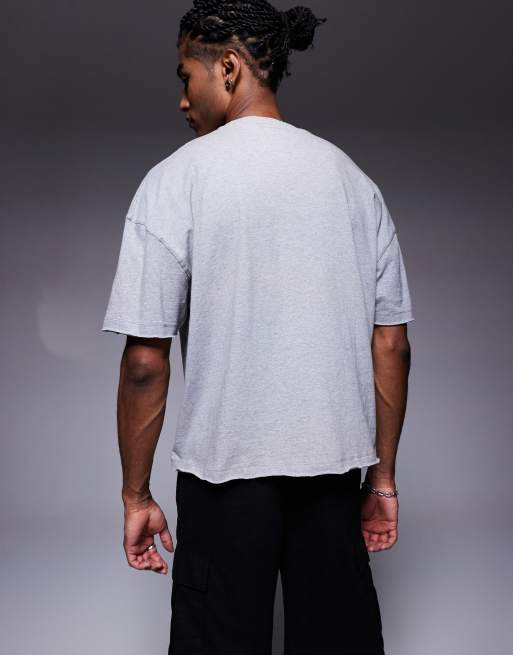 ASOS DESIGN oversized boxy drop shoulder raw hem t-shirt in grey marl , 4 of 4