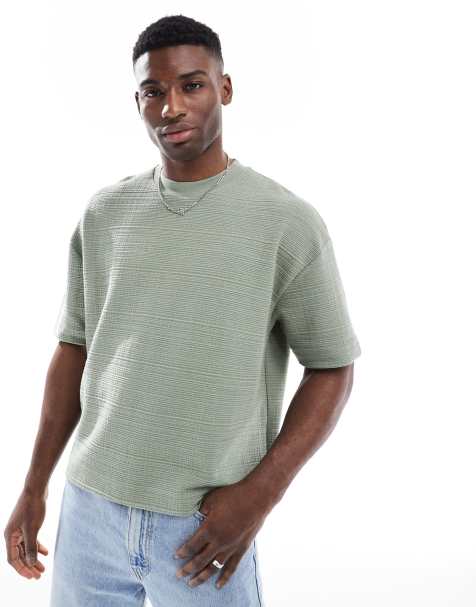 ASOS DESIGN oversized boxy drop shoulder textured t-shirt in khaki - view 1