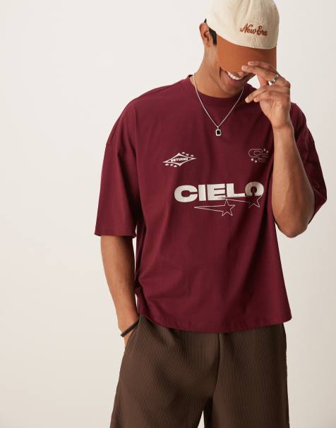 ASOS DESIGN oversized boxy dropped shoulder T-shirt with print detail in burgundy - view 1