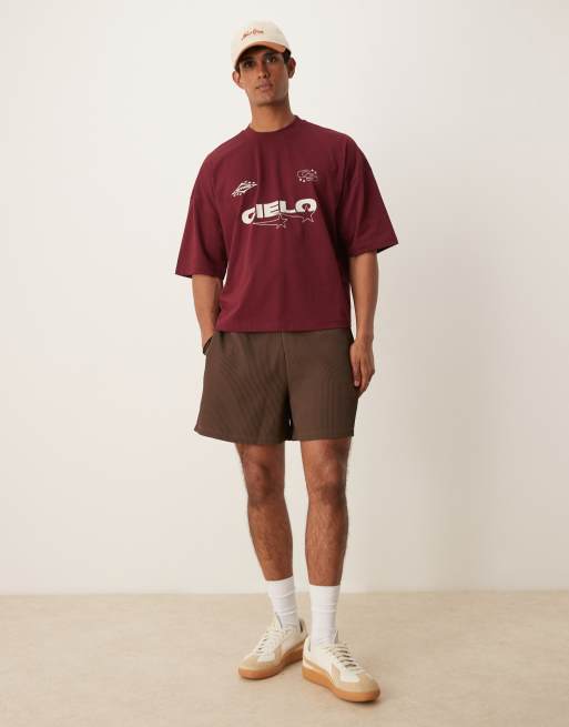 ASOS DESIGN - T-shirt oversize squadrata bordeaux con stampa e spalle scivolate