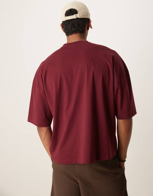 ASOS DESIGN - T-shirt oversize squadrata bordeaux con stampa e spalle scivolate