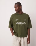 [ASOS DESIGN] ASOS DESIGN oversized boxy dropped shoulder t-shirt with print detail in khaki-Green S KHAKI
