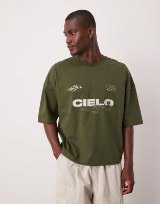 oversized boxy dropped shoulders t-shirt with print detail in khaki green